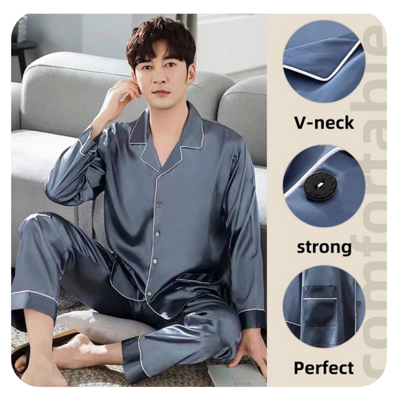 Men's silky pajamas 2 piece set, blue size 2XL but runs small so fits like XL - Picture 2 of 6